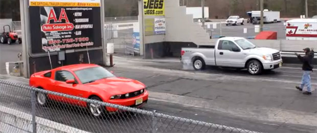 Coyote versus Coyote: F-150 Races a Mustang at the Drag Strip