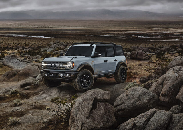 Pre-production 2021 Bronco four-door Badlands series with available Sasquatch™ off-road package in Cactus Gray in Johnson Valley, California.