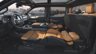 Class-exclusive available Max Recline Seats provide business-class comfort in F-150 during downtime – folding flat to nearly 180 degrees; innovative design raises the seat bottom for lower back support while the upper seatback can be rotated forward to provide neck comfort.